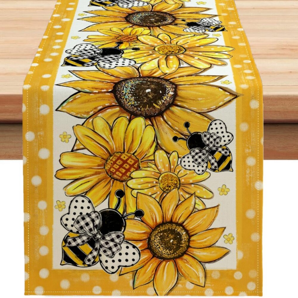 Floral Table Runner Spring Summer Bee Decor Cottage Farmhouse Decorative Cloth